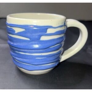 Hand Thrown Pottery Mug w/ Ripple Design Shades Of Blue And Gray‎